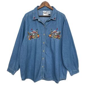 Bobbie Brooks Denim Button Up Top Women Size 22/24W Blue 100% Cotton Long Sleeve